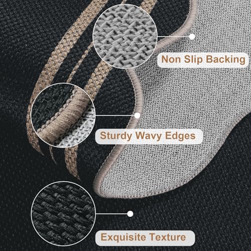 LORWER Scalloped Easy Jute 3x5 Outdoor Rug, Washable Rugs for Entryway Black Front Door Mat, Farmhouse Neutral Non Slip Indoor Carpet for Patio Living Room Backyard