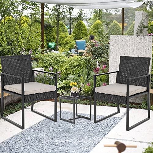 FDW | 3-Piece Patio Furniture Set | Khaki |Outdoor Wicker Furniture with Coffee Table | Modern Rattan Chairs Conversation Set | Outdoor Seating | Weather-Resistant | for Porch, Garden, Lawn
