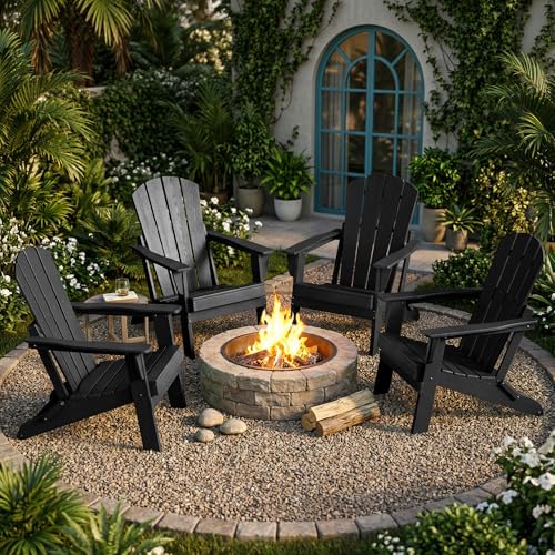EcoVida Outdoors Folding Adirondack Chair, Lightweight & Portable HDPE Patio Chair, All-Weather Space-Saving Foldable Fire Pit Seating for Camping, Backyard, Deck-Black