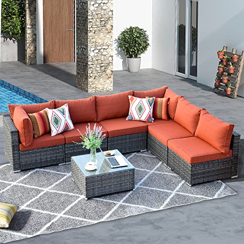 HOOOWOOO Patio Outdoor Sectional Furniture Sofa Set,7 Piece U Shaped Corner Wicker Rattan Couch Set,Rustic 6 Persons Summer Patio Conversation Set for Outside Porch Deck Garden(Orange Red)
