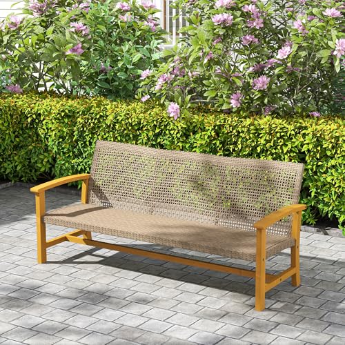 Outsunny Wicker Outdoor Couch, 3-Seat Rattan Outdoor Patio Sofa, 1000 lbs. Capacity, Acacia Wood Patio Furniture Couch with Steel Seat and Armrests for Backyard, Porch, Teak