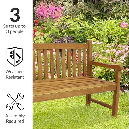 Sunnydaze 2-Person Outdoor Bench for Front Porch or Park - Wooden Teak Patio Garden Bench with Backrest - 675 lb Weight Capacity - 60"