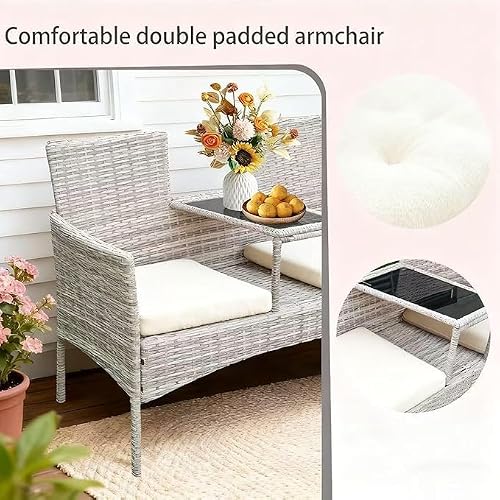 2-Seat Gray Wicker Outdoor Loveseat with Glass Coffee Table & cushions