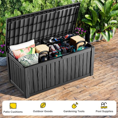 KFY 150 Gallon Large Outdoor Storage Box Waterproof, UV Resistant Resin Deck Box with Hydraulic Rod & Lockable Latch for Patio Furniture, Outside Storage Box for Garden Tools, Patio Cushions, Black