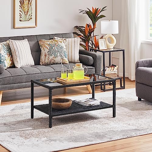 Yaheetech Outdoor Wicker Coffee Side Table, All-Weather Rattan Patio Storage Furniture with Tempered Glass Top for Garden, Black