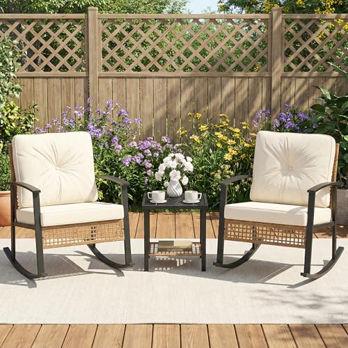 COSIEST 3-Piece Outdoor Rocking Chairs Bistro Set, Rattan Patio Furniture with Thick Warm Beige Cushions & 2-Tier Storage Coffee Table for Garden, Porch, Balcony,Backyard