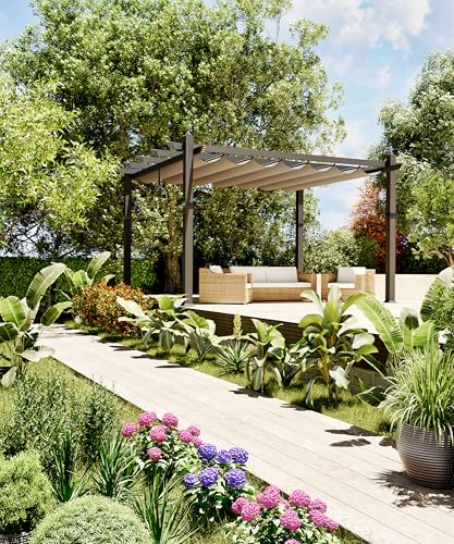 GarveeLife 10x13 ft Aluminum Pergola, Outdoor Metal Pergola with Adjustable Canopy, Reinforced Frame Outdoor Shelter for Backyard, Garden and Deck - Khaki