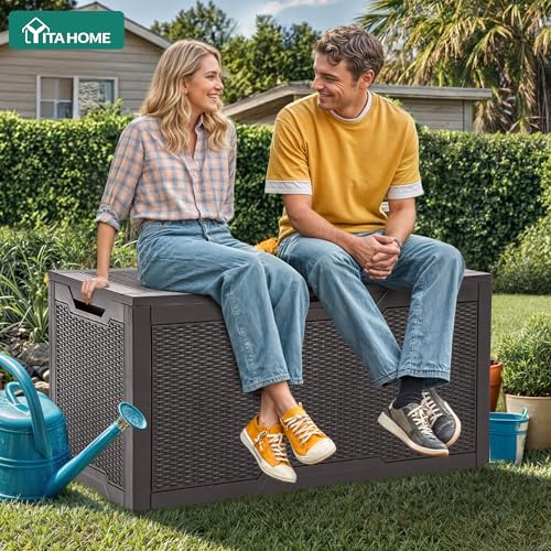 YITAHOME 100 Gallon Large Deck Box, Outdoor Resin Storage Boxes for Patio Furniture, Outdoor Cushions, Garden Tools, Water Resistant and Lockable