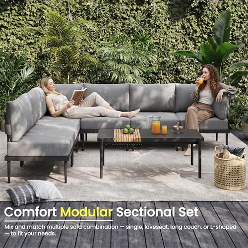 Sundale Outdoor 4 Pieces Patio Furniture Set, Metal Sectional Sofa Patio Conversation Set with 6 Inch Cushions, Modern Patio Corner Couch for Balcony, Porch, Sunroom (Grey/Dark Grey)