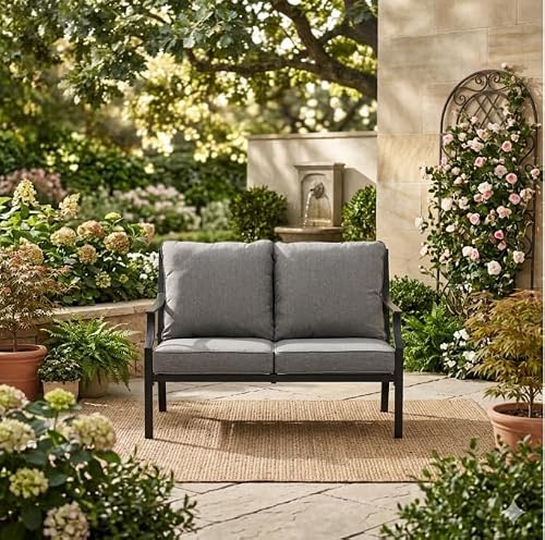 Grand patio Outdoor Loveseat Sofa, All-Weather Metal Frame 2-Person Loveseat Bench for Patio, Backyard, Balcony and Deck with Soft Cushions (Gray)
