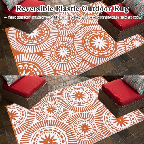 Ileading Outdoor Plastic Straw Rug 6x9ft Modern Geometric Style Reversible Patio Area Rugs Waterproof Non Shedding Portable Carpets for Rv Outside Deck Pool Beach Picnic Camping (Orange)
