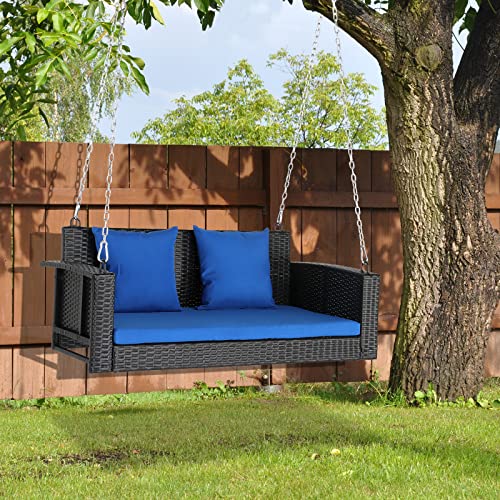 GODECOR 4FT Wicker Porch Swing for 2 Person, 800lb Capacity Outdoor Hanging Bench with Removable Cushions, Handwoven Weather-Resistant PE Rattan for Patio, Garden & Backyard