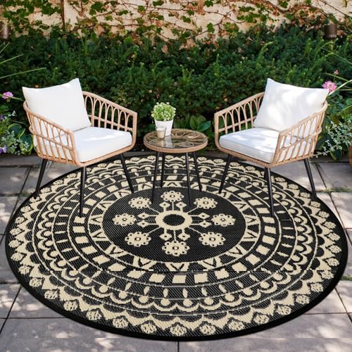 Capslpad 6Ft Round Outdoor Rug for Patio Reversible Mat Waterproof Plastic Straw Rug Boho Circle Indoor Outside Area Rug for RV Camping Picnic Pool Tent Balcony Beach Deck Doormats Decor, Beige