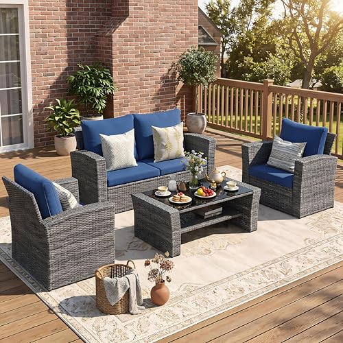 Wisteria Lane Patio Furniture Set, Wicker Outside Outdoor Furniture for All Weather, Patio Sofa with High Backrest Support and Wide Armrest for Backyard, Balcony, Deck, Porch, Dark Blue