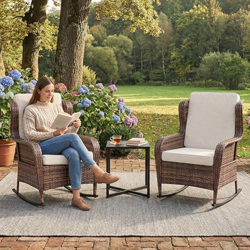 GarveeTech Outdoor Wicker Rocking Chair with Cushions, All-Weather Patio Rocker, High Back Rattan Chair for Garden Porch Backyard (Brown Wicker, Beige Cushions)