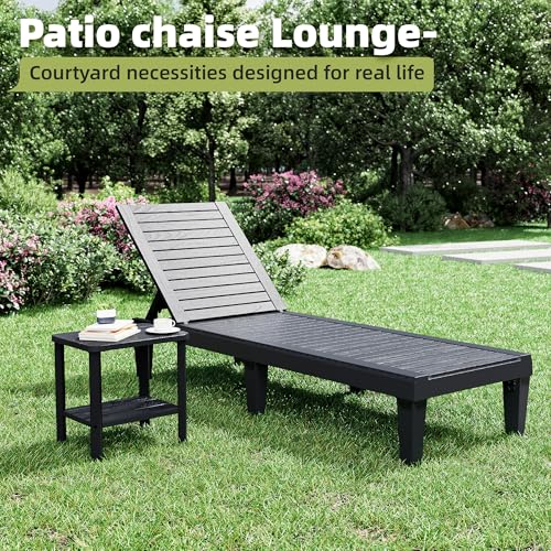 NBYSGO Outdoor Lounge Chairs Set of 2, 5-Position Adjustable Tanning Chairs with Wood Grain, All-Weather Resin Patio Recliners for Pool, Garden, Deck, Beach, Patio Lounge Chairs, Texture Black