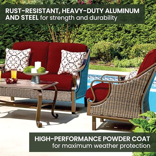 Hanover Ventura Outdoor 4-Piece Conversation Set with Loveseat, 2 Rocking Chairs, Crimson Red Cushions, 4 Pillows and Ceramic Tile Coffee Table, All-Weather 4-Piece Patio Set