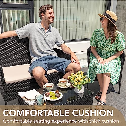 Devoko 4 Pieces Patio Porch Furniture Sets PE Rattan Wicker Chairs Beige Cushion with Table Outdoor Garden Patio Furniture Sets (Black)