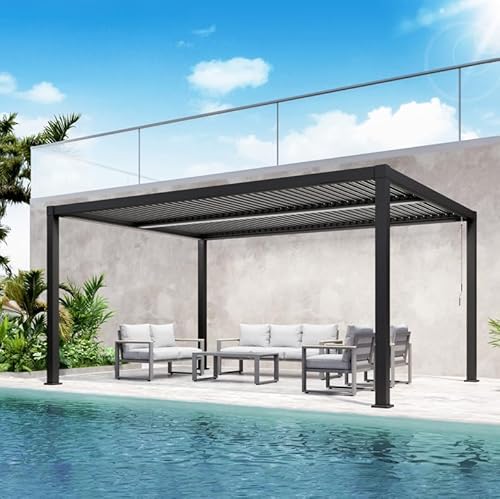 FansaFurn Louvered Pergola 12'x16', Full Aluminum Outdoor Pergola with Adjustable Rainproof and Gutter System, Hardtop Gazebo for Patio, Deck, Garden, Yard, Black