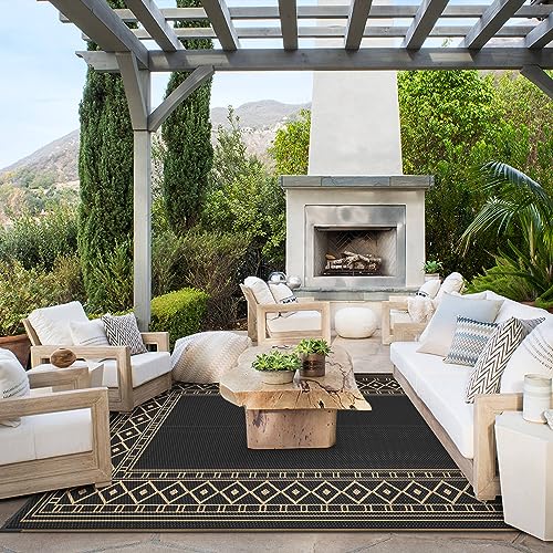 GENIMO Outdoor Rug Waterproof 8'x10' for Patio, Foldable Reversible Plastic Straw Carpet for Travel Trailers, Outside Area Mat for Rv, Deck, Picnic, Porch, Camper, Balcony, Beach, Black & Brown