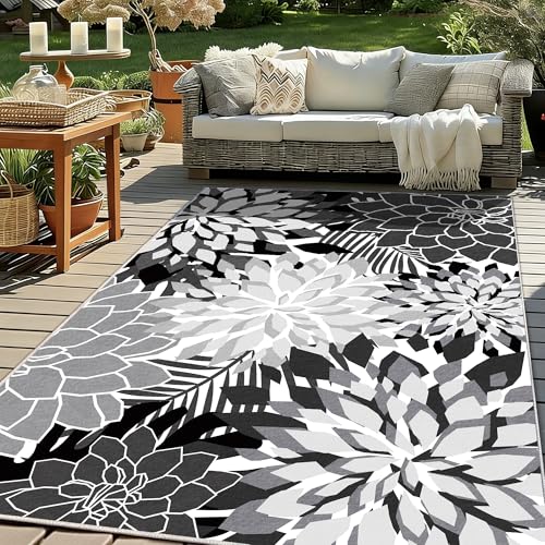 ZonLi Outdoor Rug 9x12Ft Waterproof Multicolored Black White Indoor Area Rug Washable Outdoor Patio Rugs Tropical Floral Non Slip Outdoor Carpet for Living Room, Pool,Backyard,Deck,Camping.