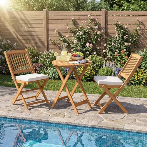 Giantex 3Pcs Patio Bistro Set, Wood Folding Table Set, 2 Cushioned Chairs for Garden Yard, Outdoor Furniture Round Table (Natural & Beige)