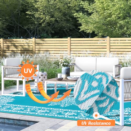 Outdoor Rug 5x8 Ft, Waterproof Plastic Straw Patio Rug, Reversible Backyard Carpet UV Resistant Portable RV Mat Clearance, Large Indoor Outdoor Rug for Patio, Porch, Deck, Balcony, Teal