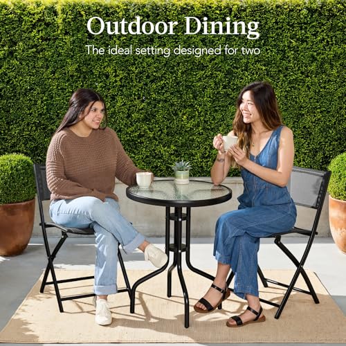 Best Choice Products 3-Piece Patio Bistro Dining Furniture Set w/Glass Tabletop, 2 Folding Chairs, Steel Frame, Polyester Fabric - Gray