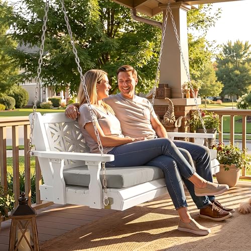 VINGLI 4.5 FT Outdoor Porch Swing with Cushions, Heavy Duty 880 LBS 2-Person Wooden Patio Swings with Eternal Flower Pattern and Fade-Resistant Seat Cushion for Yard, Garden, Tree (White)