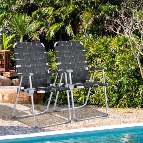VINGLI Aluminum Patio Lawn Chairs Folding Set of 2 with Detachable Cup Holder, Webbed Beach Chair Folding Chair Outdoor Portable Camping Chair for Yard, Garden