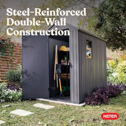 Keter Darwin 4x6 Feet Outdoor Storage Shed, Graphite Gray – Lockable Resin Organizer Unit with Single Door, Window, and Skylight for Backyard, Garden, or Lawn Organization
