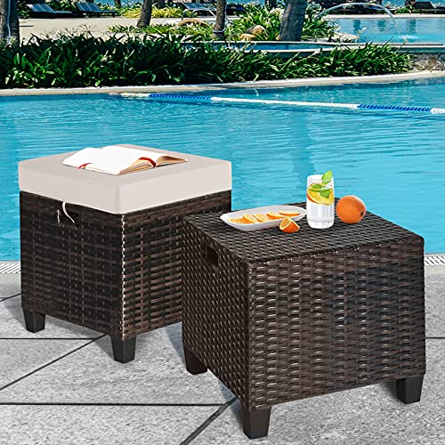 RELAX4LIFE 2-Piece Patio Ottoman Set - Wicker Footstools, All Weather PE Rattan Ottoman with Removable Cushions, Square Footrest Seat, Outdoor Stools for Garden, Porch, Pouf Ottoman (Brown)