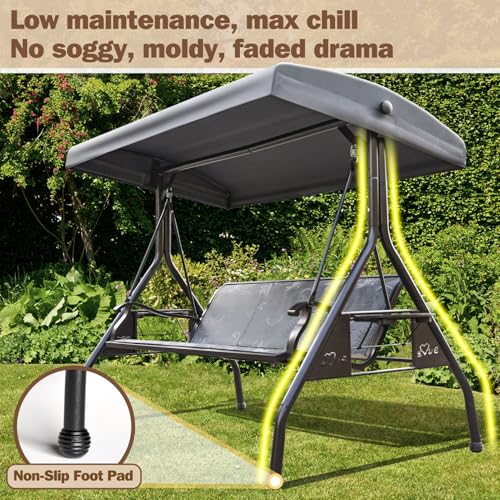 ZZW 3 Person Patio Swing Outdoor Swing for Adults with Adjustable Canopy &Upgraded Cup Holders Textilene Fabric Porch Swing Chair with Stand Heavy Duty 800 LBS