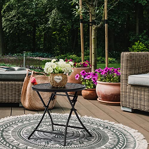 TeoKJ Folding Small Outdoor Side Tables, Anti Rust Small Patio Table Round Metal Nightstand with Flower Cutouts for Porch Yard Balcony Deck Lawn, Black
