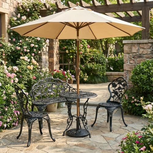 Sundale Outdoor Cast Aluminum Bistro Set of 4, Patio Conversation Set with Umbrella Hole for Balcony All Weather Resistant Antique Finish Patio Porch Yard Black Rose
