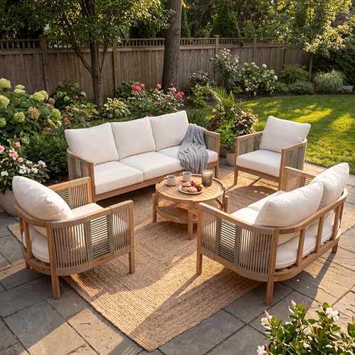 Christopher Knight Home 5-Piece Acacia Wood Patio Furniture Set with Coffee Table, 7 Seater Outdoor Conversation Sofa Set, Patio Sectional Chat Set for Backyard Balcony, Teak+ Beige