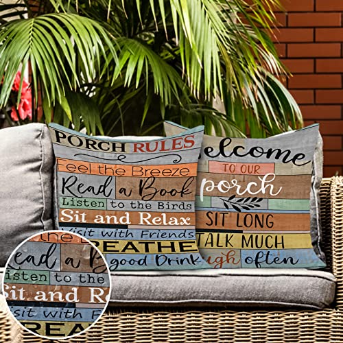 Jartinle Decorative Outdoor Pillow Covers Porch Rules Sign Farmhouse Throw Pillow Covers, Square Linen Patio Cushion Cases for Couch Bench Seat Chair Car 18x18 Inch