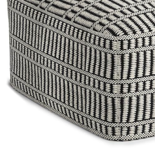 SIMPLIHOME Safford Square Pouf - 20 inch Wide Upholstered PET Polyester Ottoman in Black and White, Boho Indoor/Outdoor Footstool or Extra Seating for Living Room, Bedroom, or Patio, Assembled