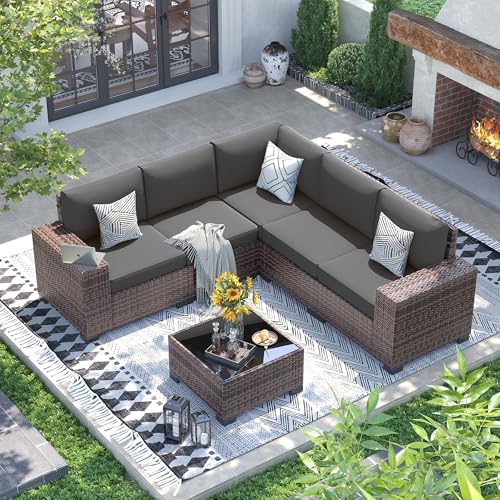UDPATIO Patio Furniture Set, 8 Inch Armrest Outdoor Sectional Sofa with Wicker Coffee Table, 6 Piece Conversation for Garden, Backyard, Dark Grey