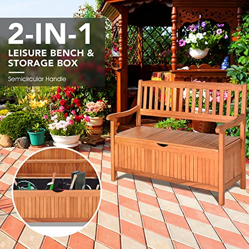 S AFSTAR Outdoor Patio Bench with Storage Box, 33 Gallon Storage Bench Deck Box with Dustproof Liner, Comfort Backrest & Wide Armrest, 800 lbs Capacity, Wood Bench for Garden Patio Park Porch