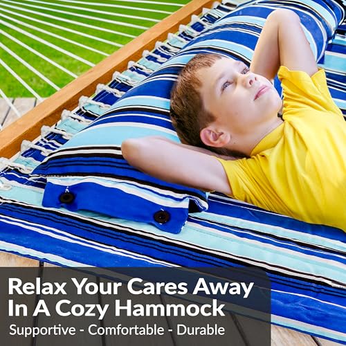 Sunnydaze Quilted Double Hammock for Outside with Spreader Bars and Pillow - 450 lb Capacity, 74x55 Inch Bed, UV Resistant, Quick Dry - Chains Included, Stand Sold Separately - Catalina Beach
