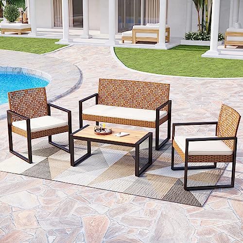 PHI VILLA Wicker Patio Furniture Set for 4, Rattan Loveseat & Chairs with Beige Cushions & Acacia Wood Coffee Table, Outdoor Modern Sectional Conversation Sofa Set for Deck, Yard, Porch