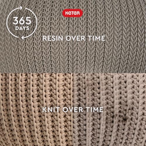 KETER Urban Knit Pouf Ottoman Set of 2 with Storage Table for Patio and Room Décor-Perfect for Balcony, Deck, and Outdoor Seating, Cream & Taupe