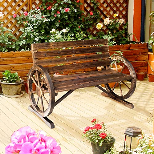 Outsunny 41" Wooden Wagon Wheel Bench, Rustic Outdoor Patio Bench Weather Resistance Furniture, 2-Person Slatted Seat with Backrest, Carbonized