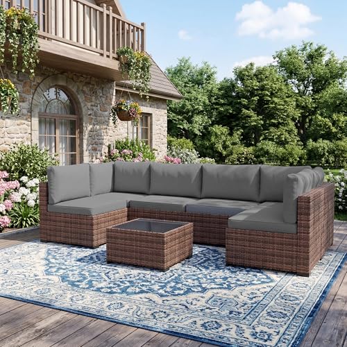 LHBcraft Patio Furniture Set with Rain Cover,7 Pieces Outdoor Wicker Rattan Patio Furniture, Wicker Rattan Outdoor Sectional Sofa Set with Coffee Table for Garden, Poolside Taupe-Grey