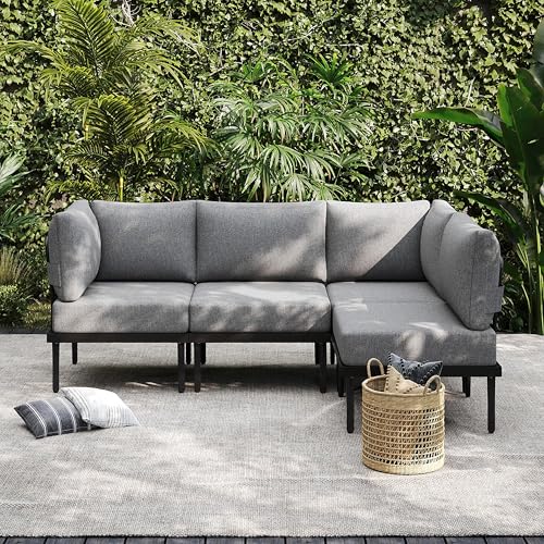 Sundale Outdoor 4 Pieces Patio Furniture Set, Metal Sectional Sofa Patio Conversation Set with 6 Inch Cushions, Modern Patio Corner Couch for Balcony, Porch, Sunroom (Grey/Dark Grey)