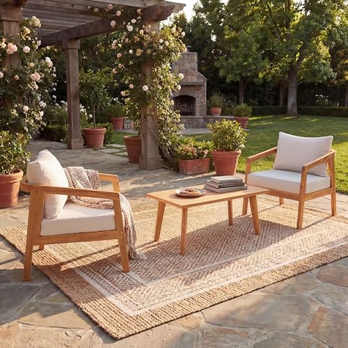 Christopher Knight Home Sures Acacia Wood Club Chair and Coffee Table Set, 3 Piece Patio Bistro Set, Solid Wood Outdoor Patio Furniture Set with Center Table, Natural+Beige