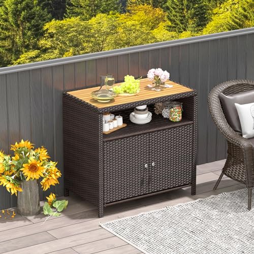 Tangkula Rattan Outdoor Storage Cabinet, Patiojoy Outdoor Cabinet with Acacia Wood Countertop, Open Compartment, 2-Door Wicker Sideboard, Outdoor Bar for Patio Garden Backyard Poolside (Mix Brown)