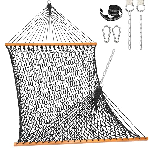 Lazy Daze Hammocks Double Rope Hammock, 2 Person Traditional Outdoor Hand Woven Cotton Rope Hammock with Spreader Bar, Carabiners, Tree Straps, Chains for Patio Yard - Max 450 Lbs, Dark Grey
