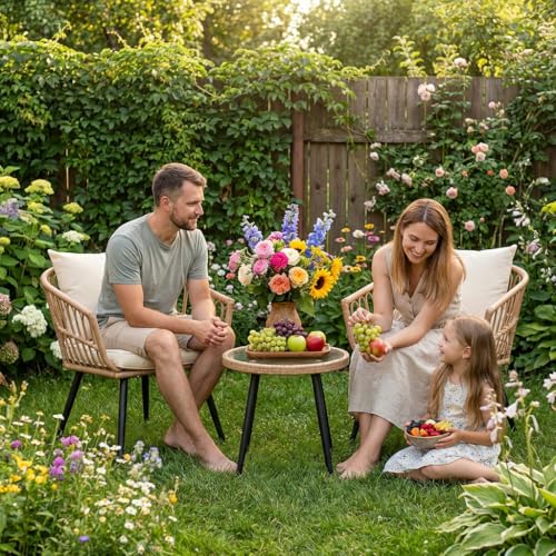 MaagorVita 3 Piece Outdoor Patio Bistro Set,All-Weather Modern Wicker Table and Chairs Set for Backyard,Deck,Poolside,Beige